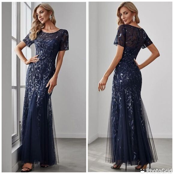 Luxurious Elegant Navy Evening Sequin Plants Detail Mesh Formal Dress - Picture 1 of 13